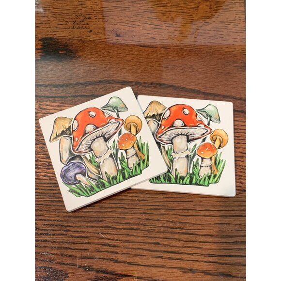 Set Of 2 Mushroom Ceramic Coasters Cork Backing 4 3/16” Decor Protection Retro - Picture 1 of 3